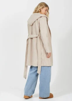 Coats & Jackets>Brave Soul Beige Longline Hooded Coat with Belt