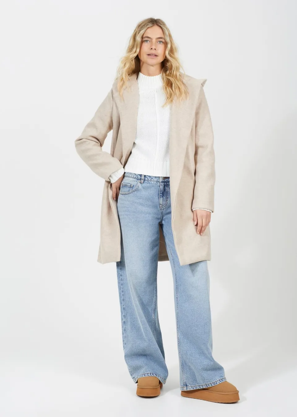 Coats & Jackets>Brave Soul Beige Longline Hooded Coat with Belt