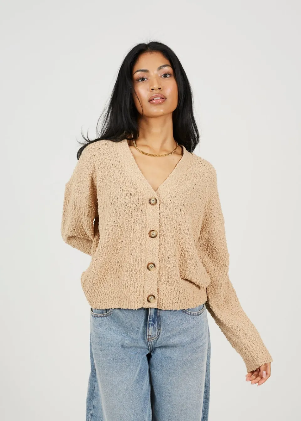 Tops>Brave Soul Beige Textured Knit Cardigan