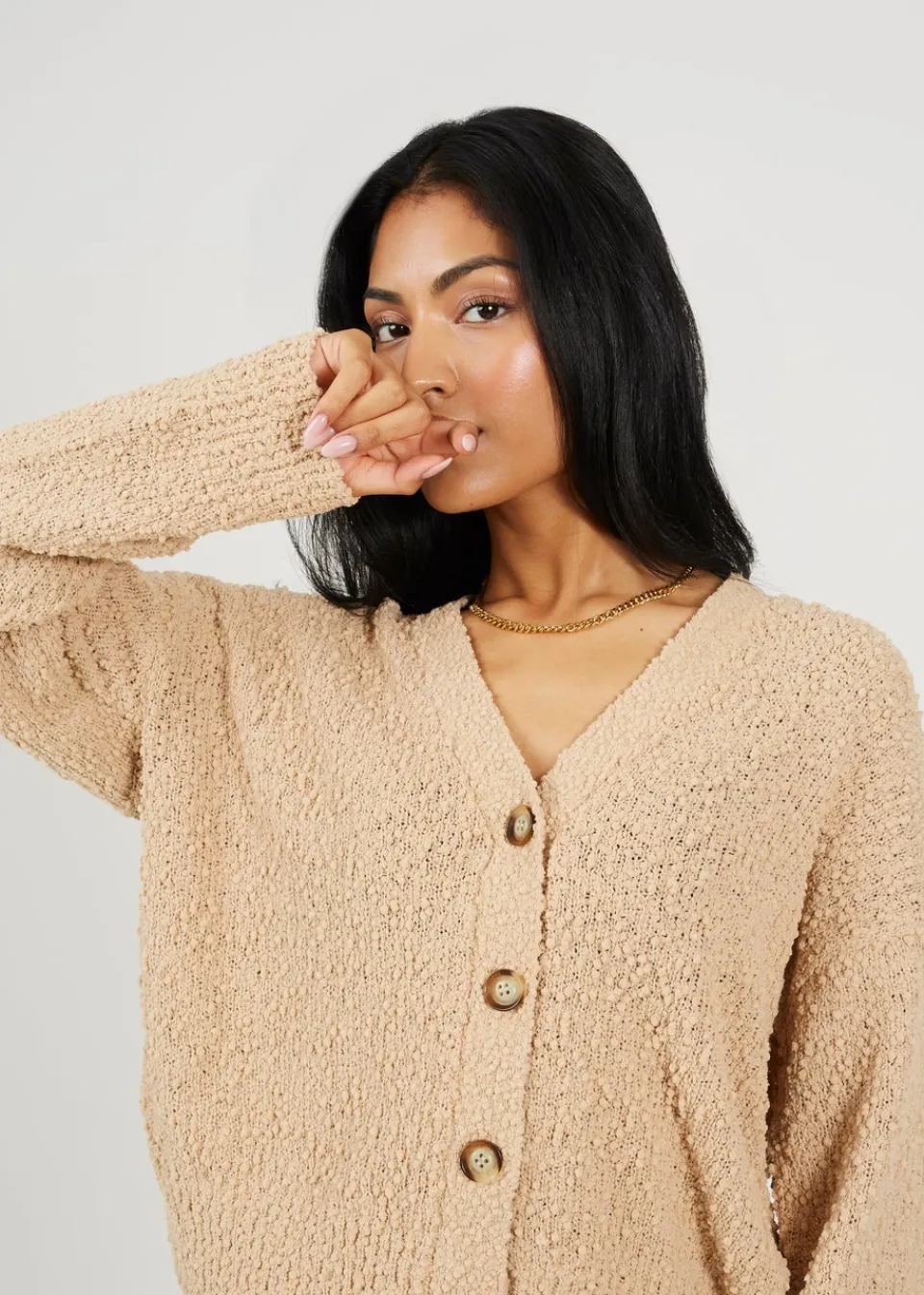 Tops>Brave Soul Beige Textured Knit Cardigan