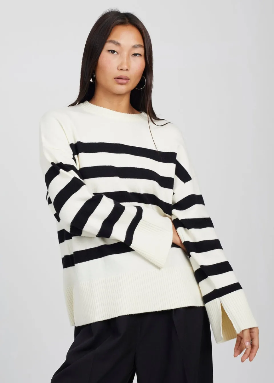 Knitwear>Brave Soul Black & Ivory Striped Loose Fit Jumper with Wide Sleeves