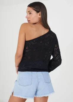 Tops>Brave Soul Asymmetric Off the Shoulder Jumper Black