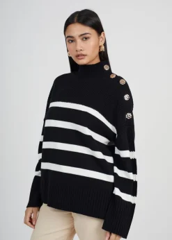 Knitwear>Brave Soul Button Detail Striped Turtleneck Jumper Black