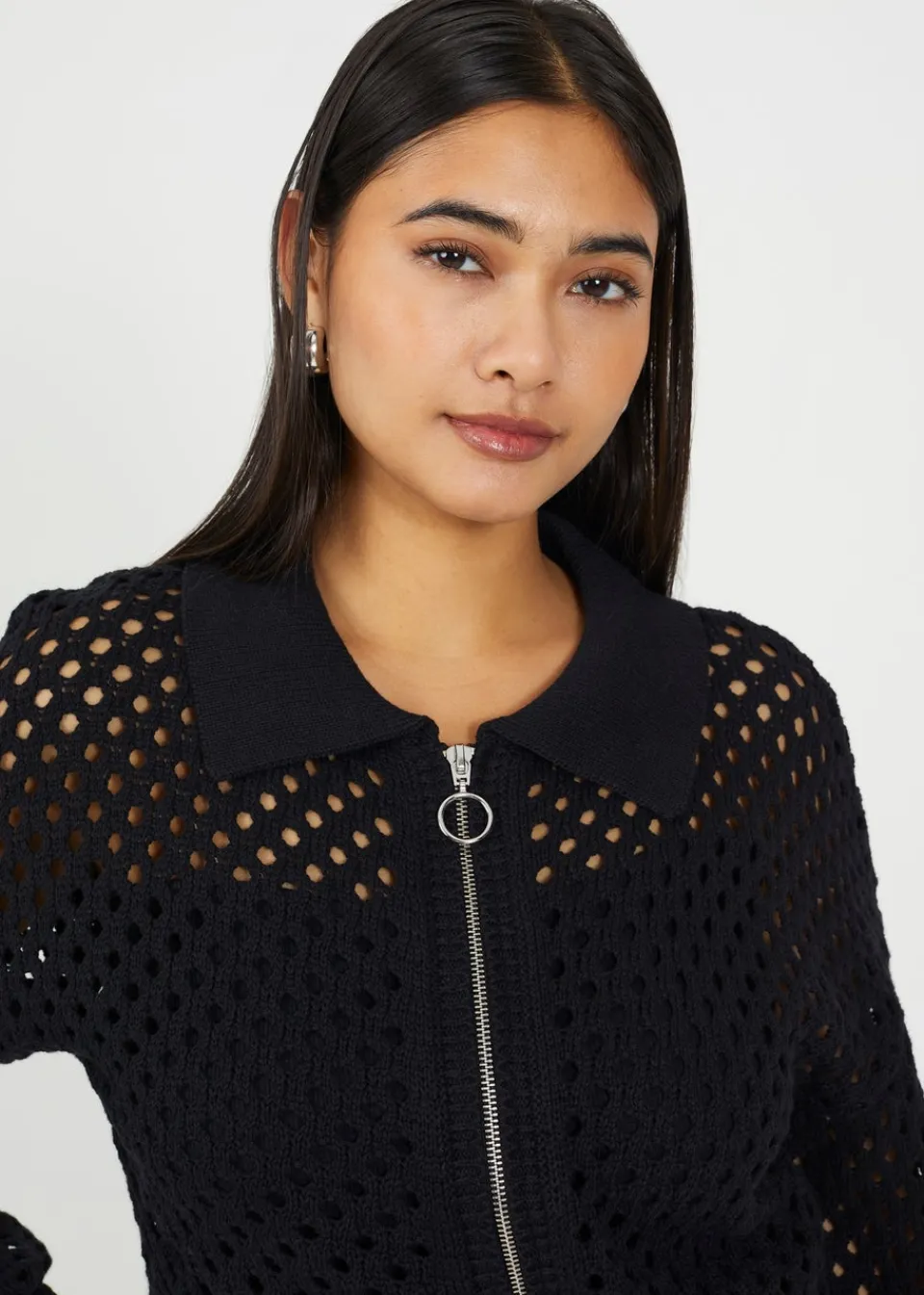 Tops>Brave Soul Black Crochet Knit Zip Through Cardigan