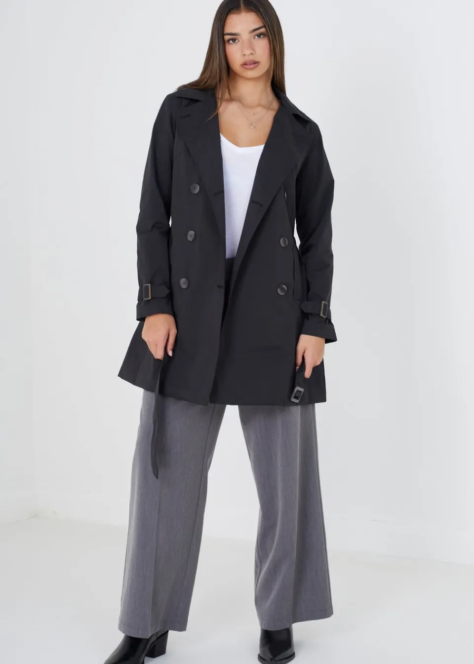 Coats & Jackets>Brave Soul Double Breasted Short Trench Coat Black