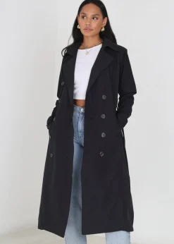 Coats & Jackets>Brave Soul Black Double-Breasted Longline Trench Coat