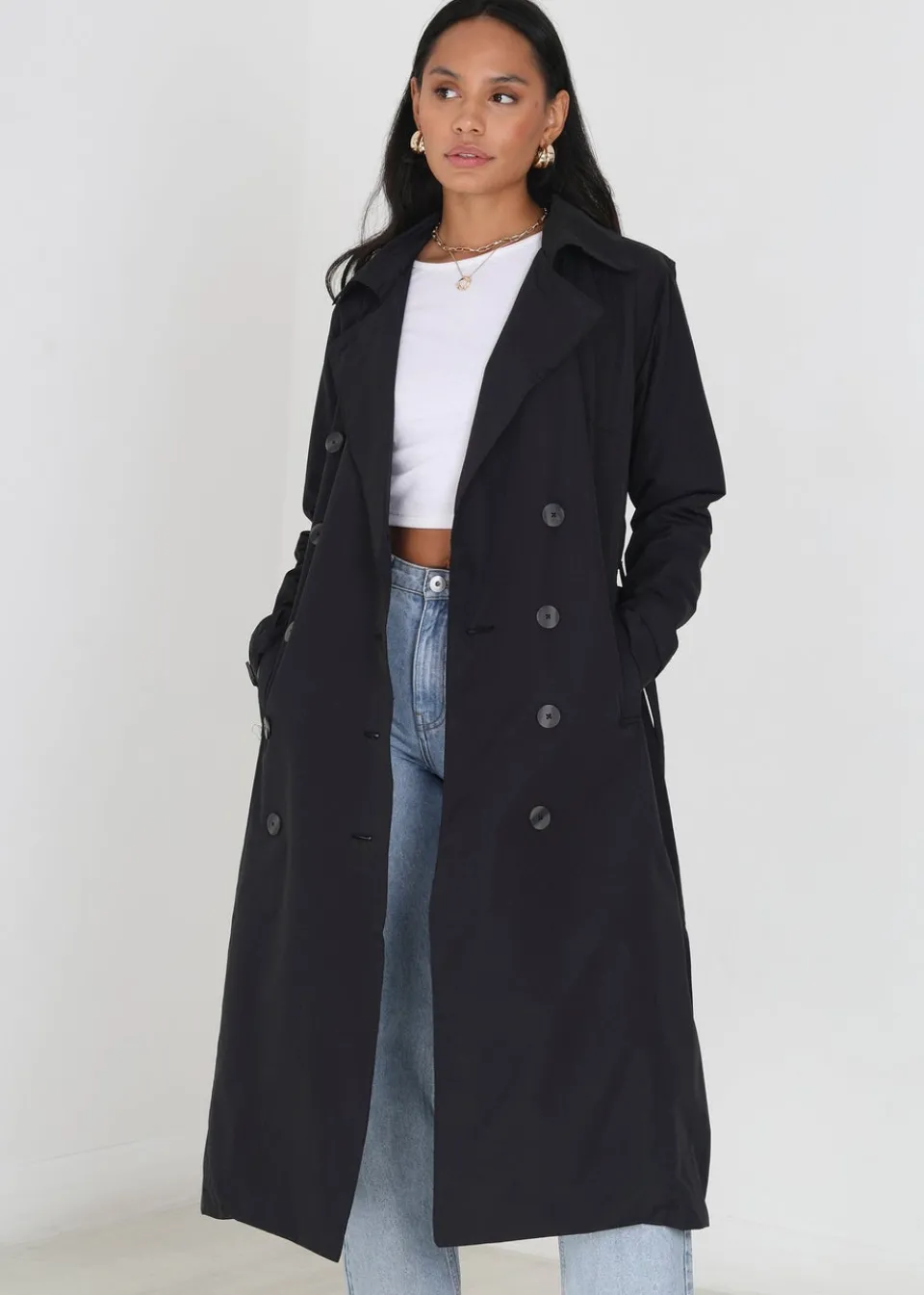 Coats & Jackets>Brave Soul Black Double-Breasted Longline Trench Coat