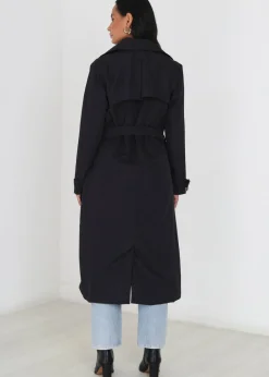Coats & Jackets>Brave Soul Black Double-Breasted Longline Trench Coat
