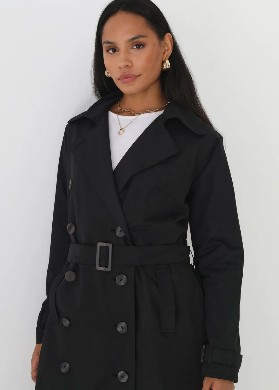 Coats & Jackets>Brave Soul Black Double-Breasted Longline Trench Coat