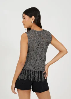 Tops>Brave Soul Black Metallic Tie Front Waistcoat