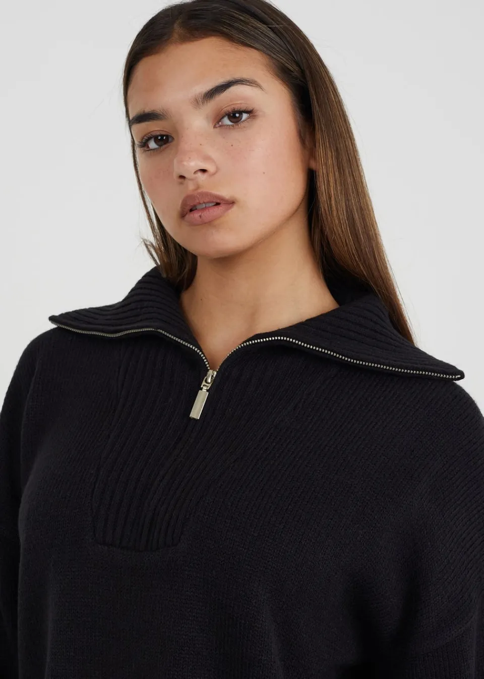 Tops>Brave Soul Black Oversized Zip Collar Knitted Jumper