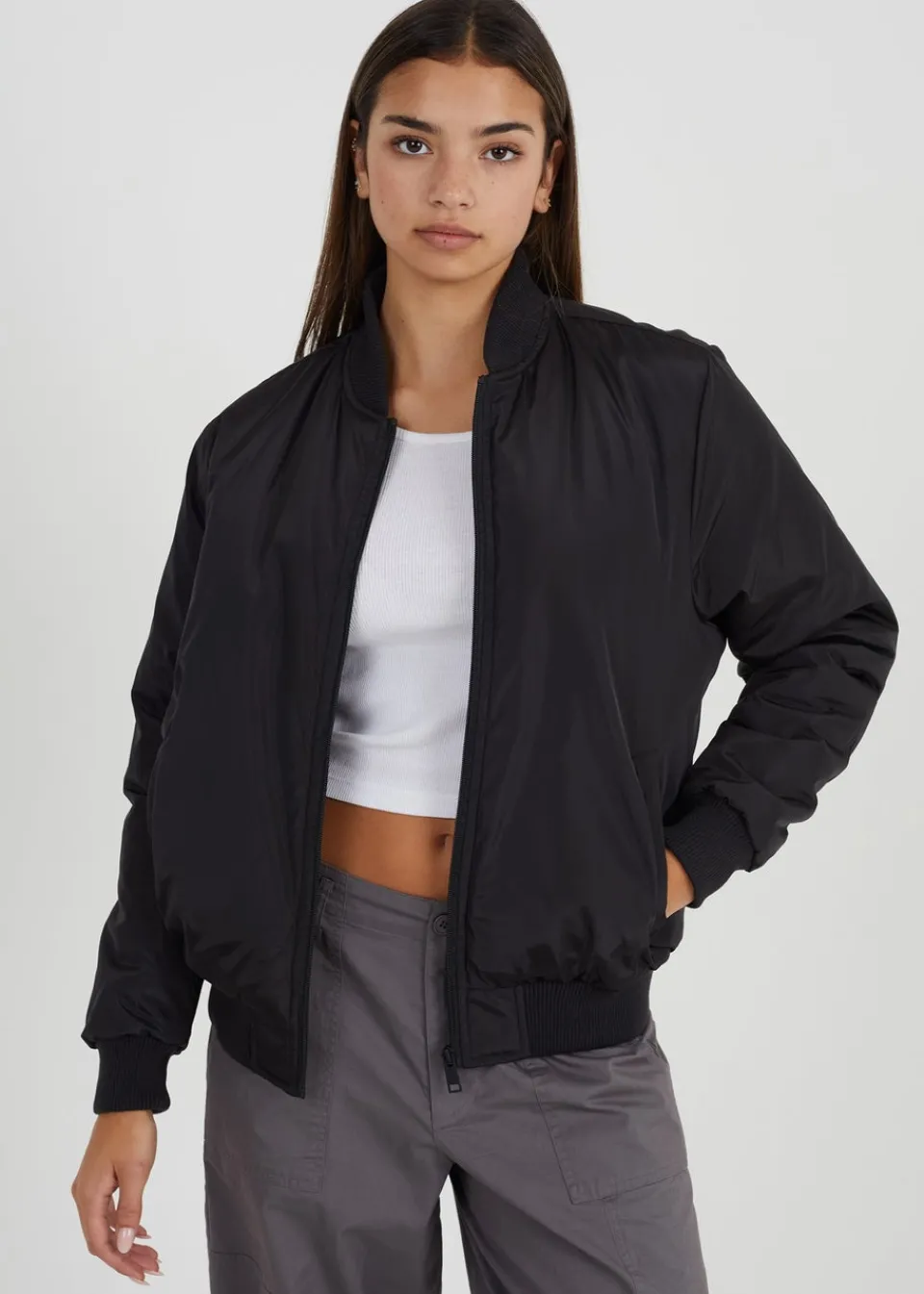 Coats & Jackets>Brave Soul Ruched Sleeve Oversized Bomber Jacket Black