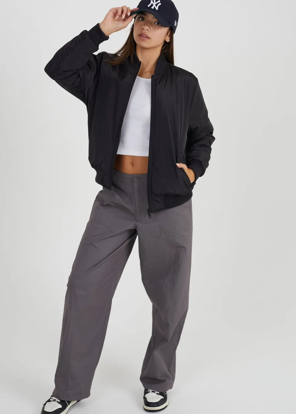 Coats & Jackets>Brave Soul Ruched Sleeve Oversized Bomber Jacket Black