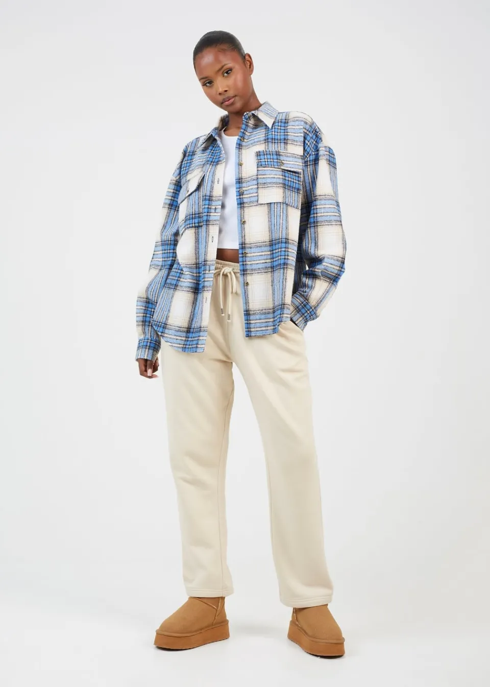 Tops>Brave Soul Blue Check Print Long Sleeve Fleece Shirt