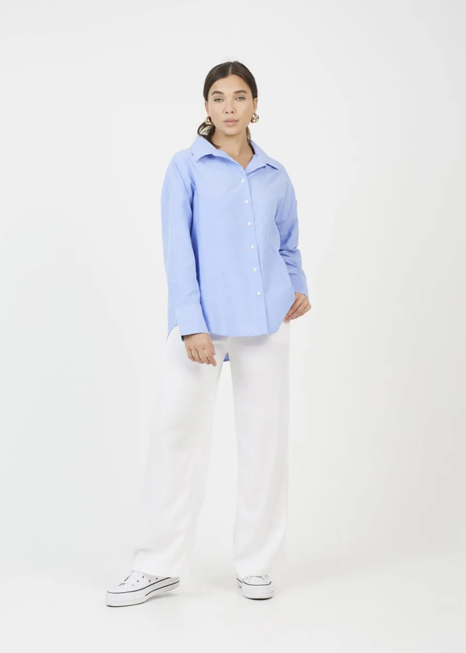 Tops>Brave Soul Blue Cotton Blend Relaxed Long Sleeve Shirt