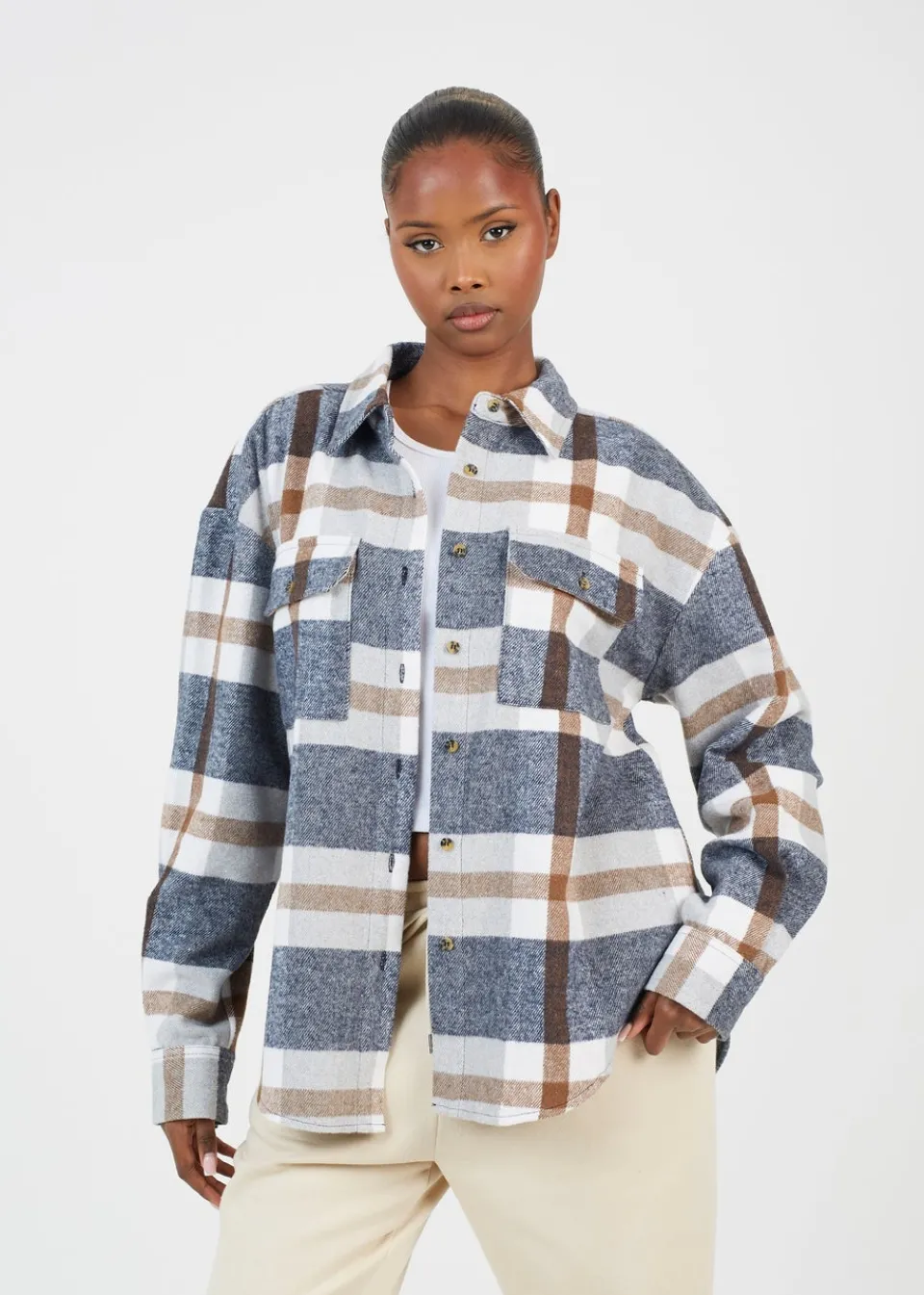 Tops>Brave Soul Brown Check Print Long Sleeve Fleece Shirt
