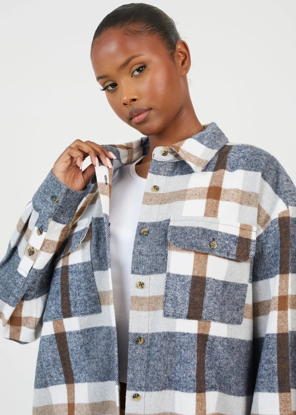Tops>Brave Soul Brown Check Print Long Sleeve Fleece Shirt