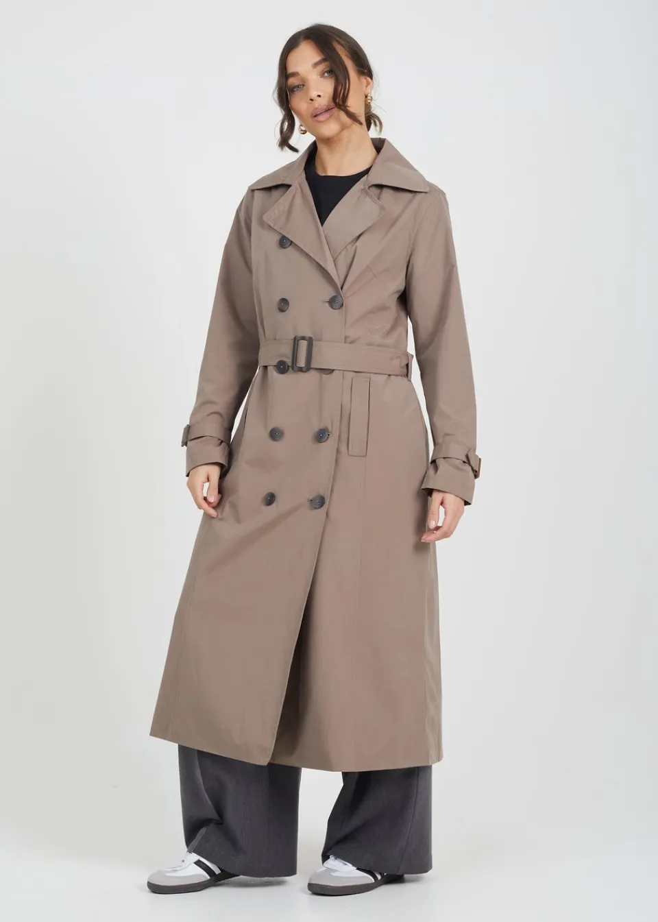 Coats & Jackets>Brave Soul Double-Breasted Longline Trench Coat Brown