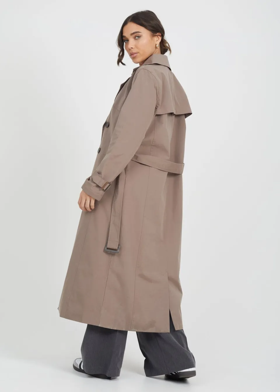 Coats & Jackets>Brave Soul Double-Breasted Longline Trench Coat Brown
