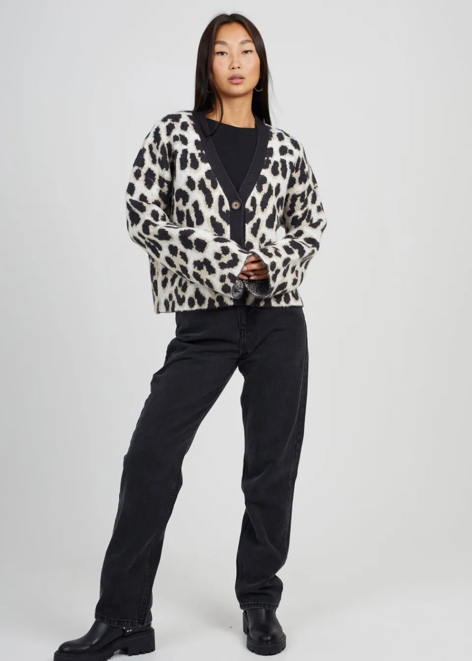 Tops>Brave Soul Camel Button Through Animal Print Jacquard Knit Cardigan