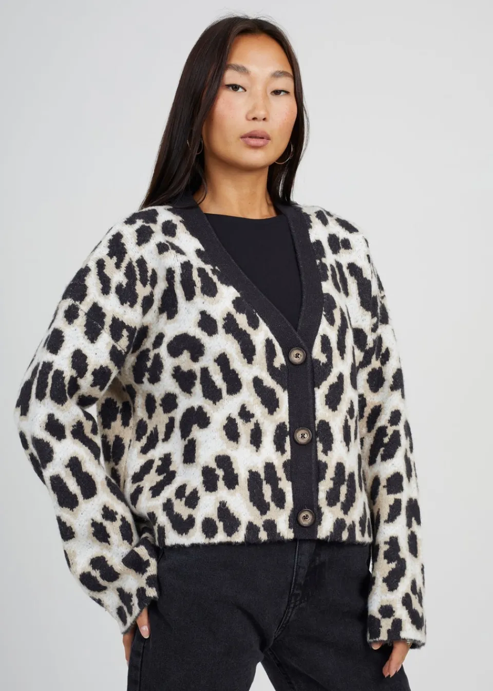Tops>Brave Soul Camel Button Through Animal Print Jacquard Knit Cardigan