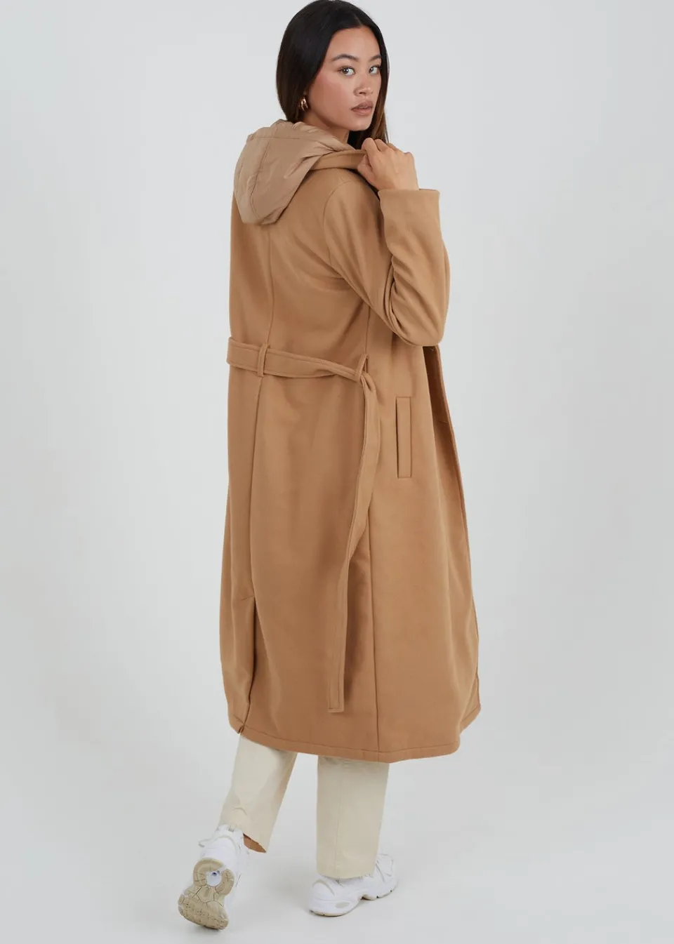 Coats & Jackets>Brave Soul Camel Faux Wool Maxi Hooded Trench Coat