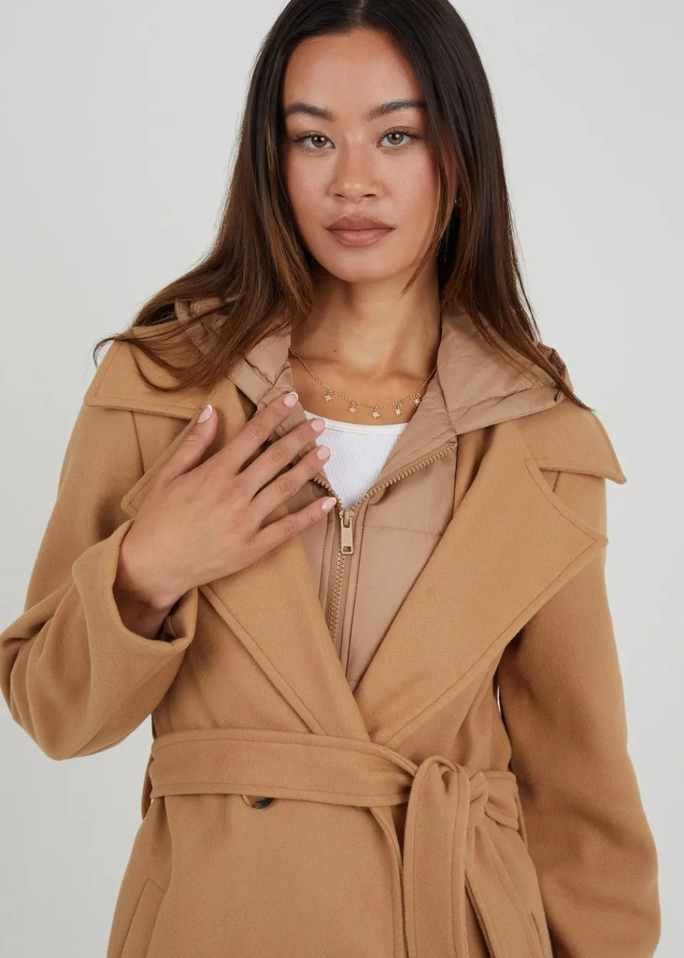 Coats & Jackets>Brave Soul Camel Faux Wool Maxi Hooded Trench Coat