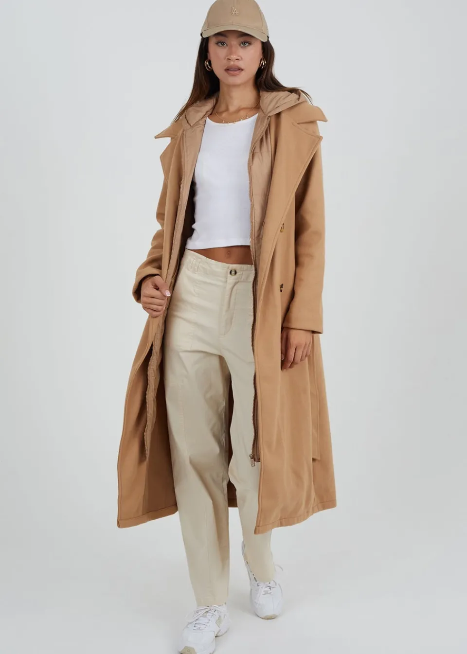 Coats & Jackets>Brave Soul Camel Faux Wool Maxi Hooded Trench Coat