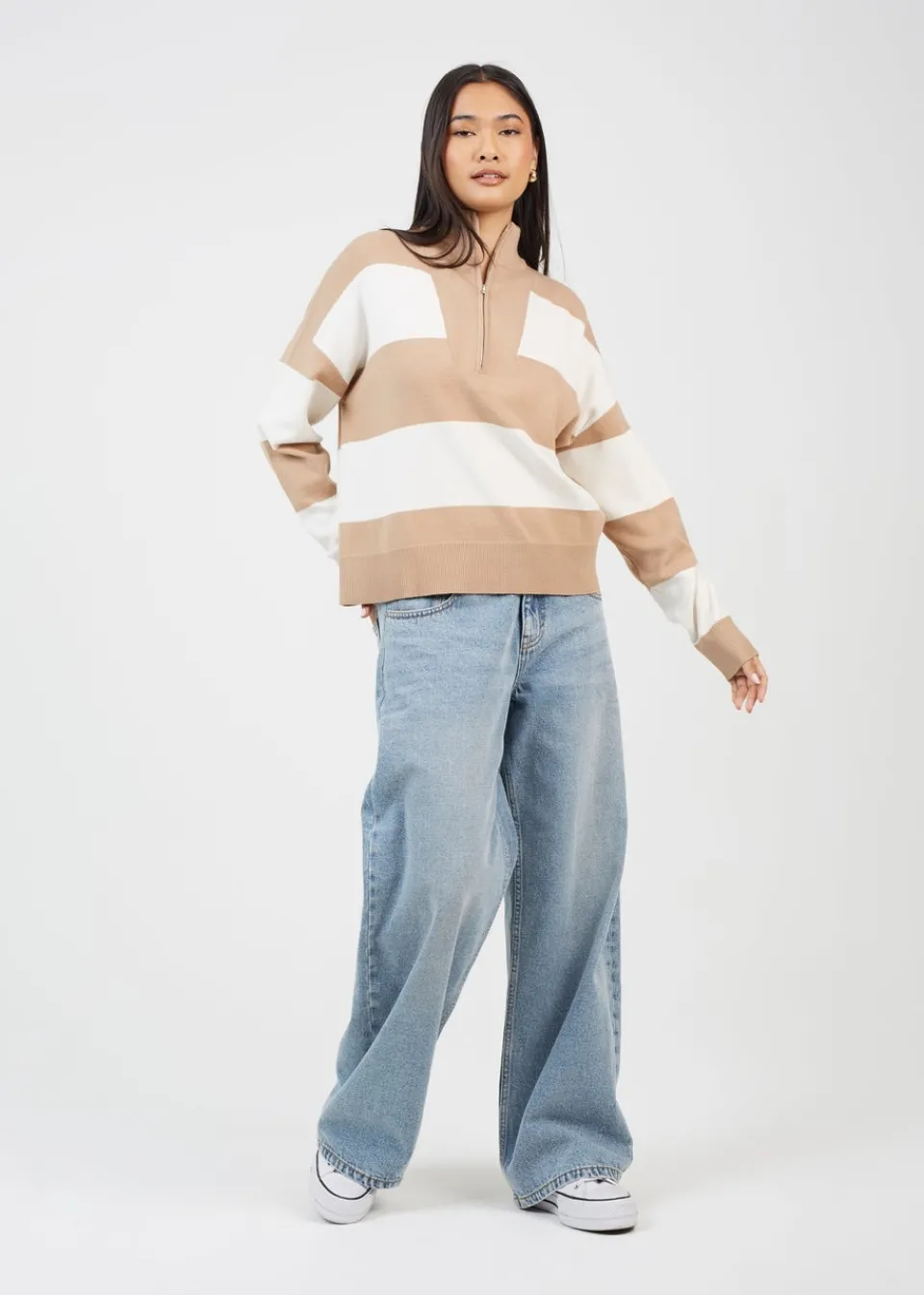 Tops>Brave Soul Camel Striped Half Zip Knitted Jumper
