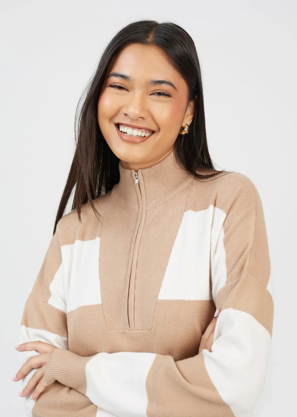 Tops>Brave Soul Camel Striped Half Zip Knitted Jumper
