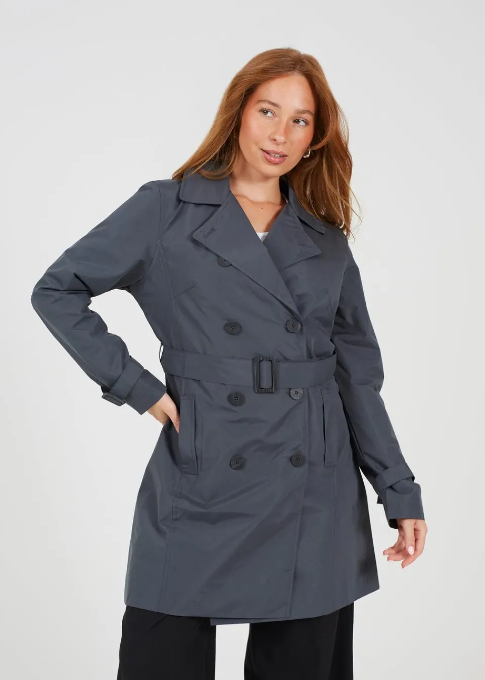 Coats & Jackets>Brave Soul Charcoal Double Breasted Short Trench Coat