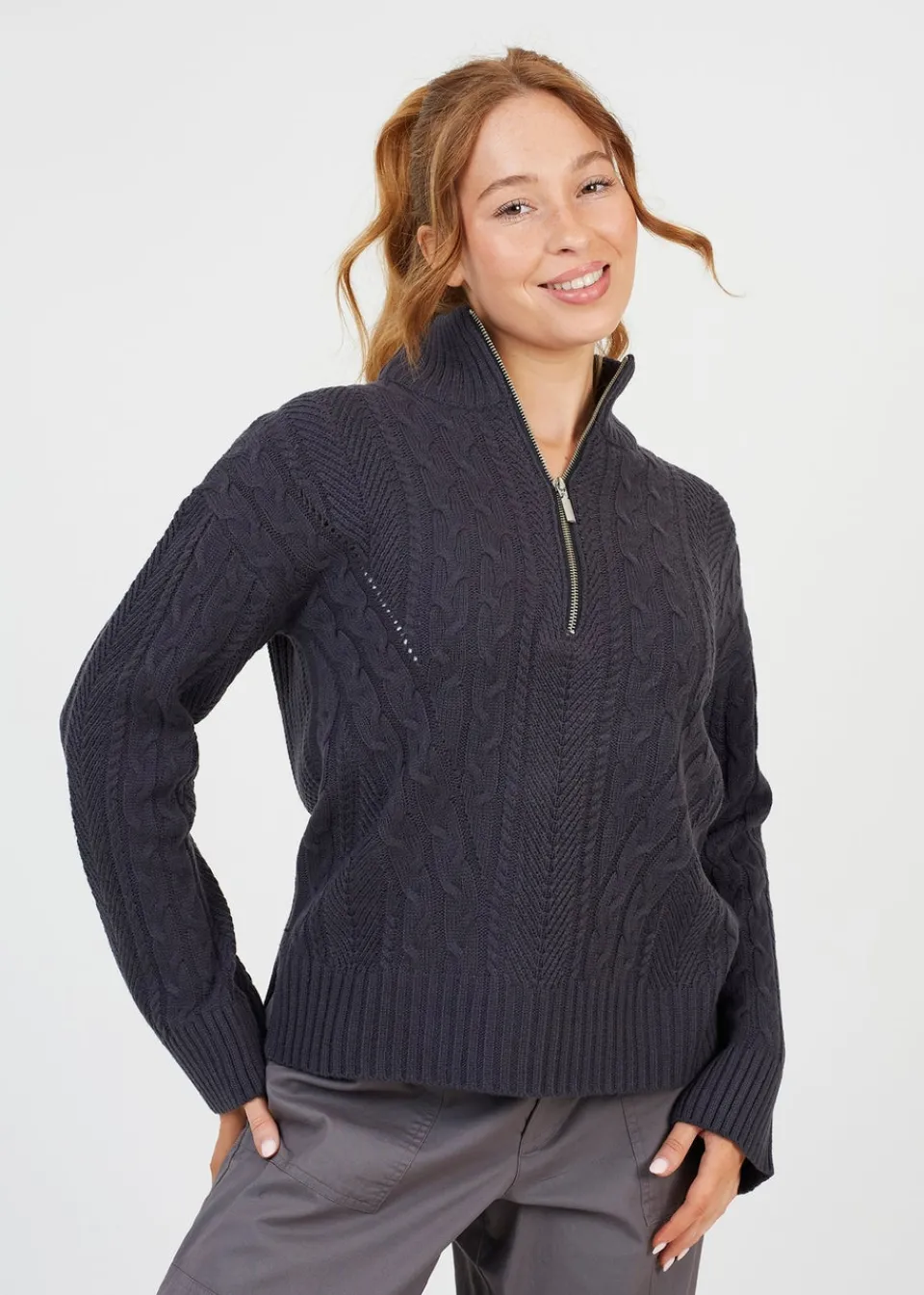 Tops>Brave Soul Charcoal Half Zip Cable Knit Jumper