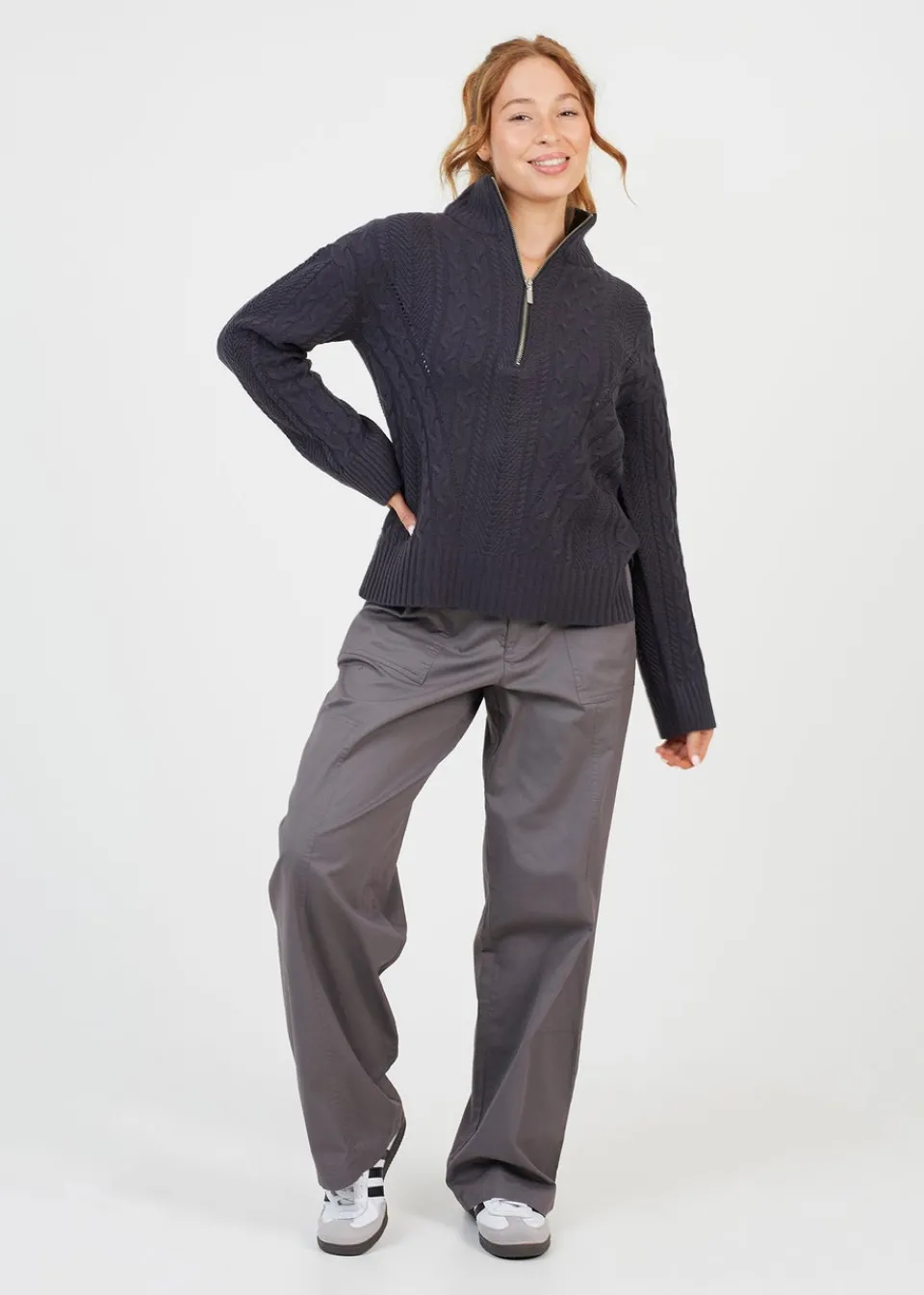 Tops>Brave Soul Charcoal Half Zip Cable Knit Jumper