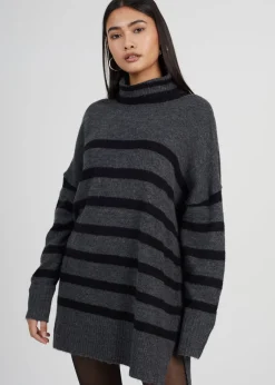 Tops>Brave Soul Charcoal Oversized Striped Roll Neck Jumper