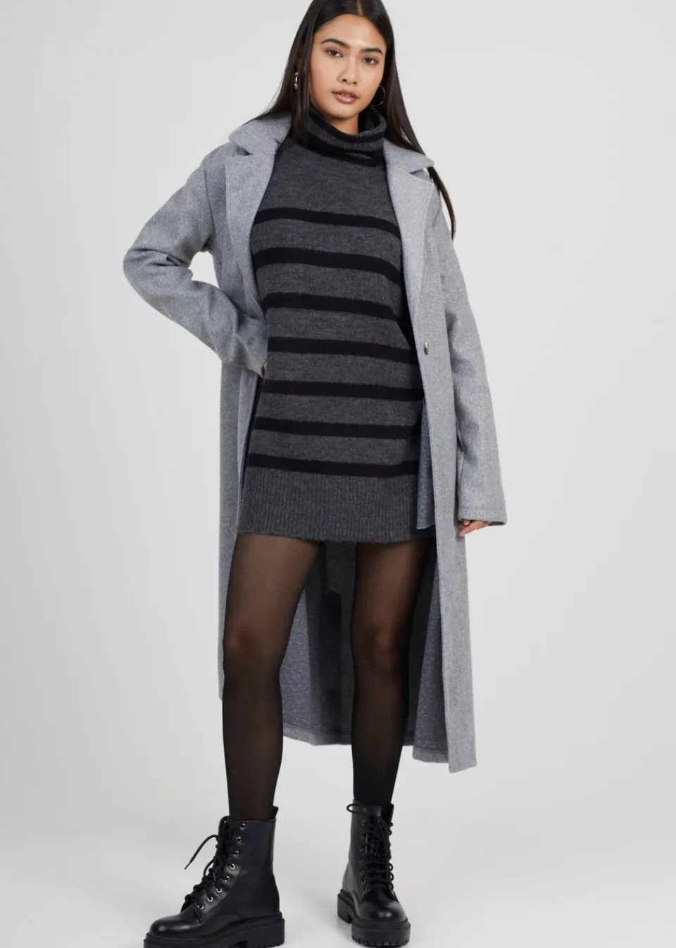 Tops>Brave Soul Charcoal Oversized Striped Roll Neck Jumper