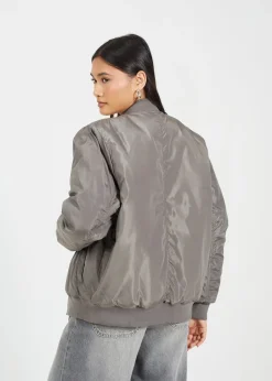 Coats & Jackets>Brave Soul Charcoal Ruched Sleeve Oversized Bomber Jacket