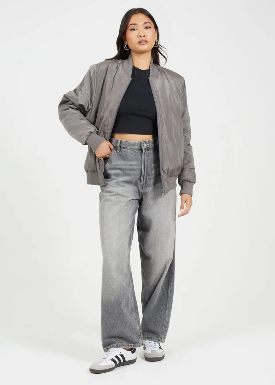 Coats & Jackets>Brave Soul Charcoal Ruched Sleeve Oversized Bomber Jacket