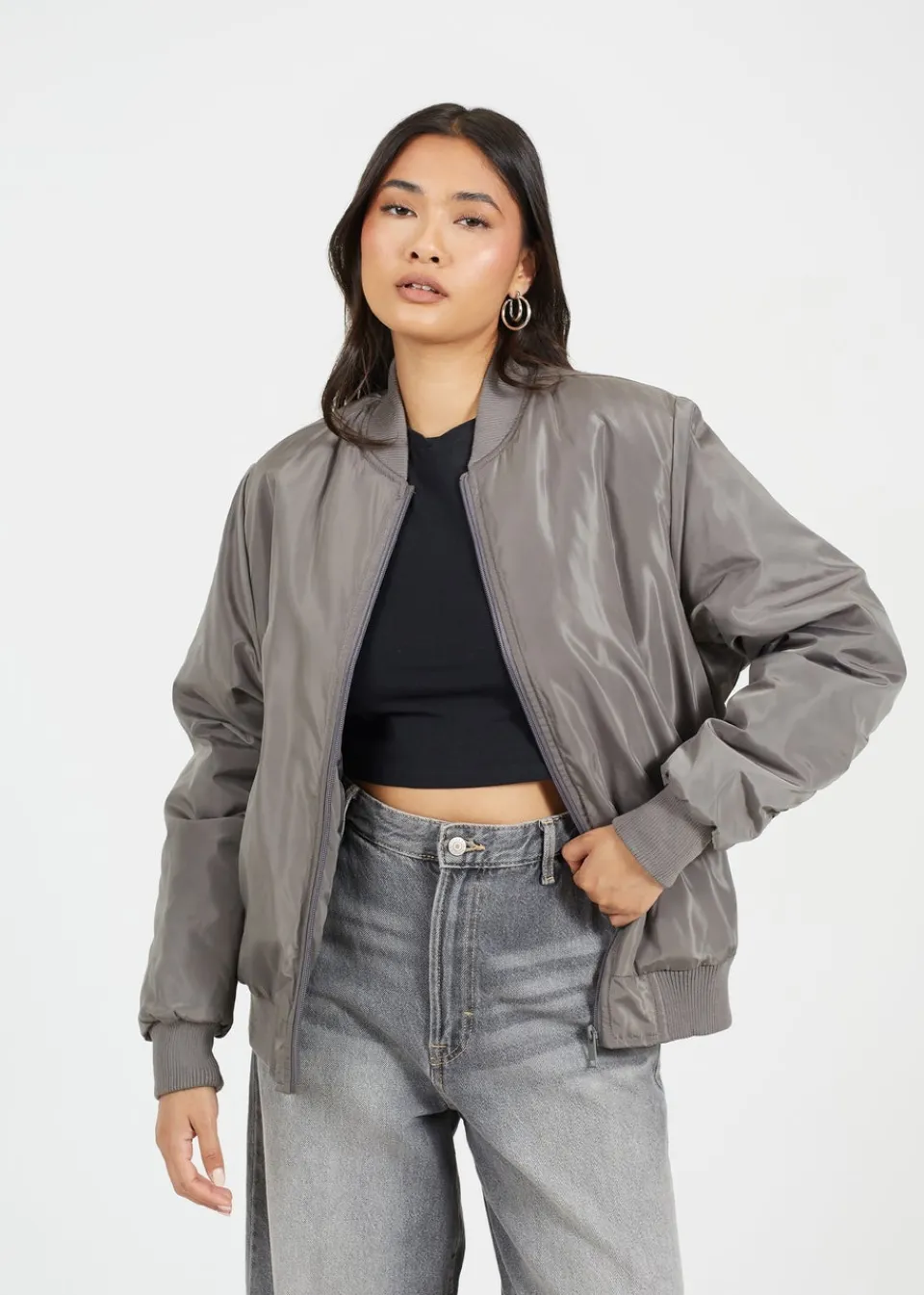 Coats & Jackets>Brave Soul Charcoal Ruched Sleeve Oversized Bomber Jacket