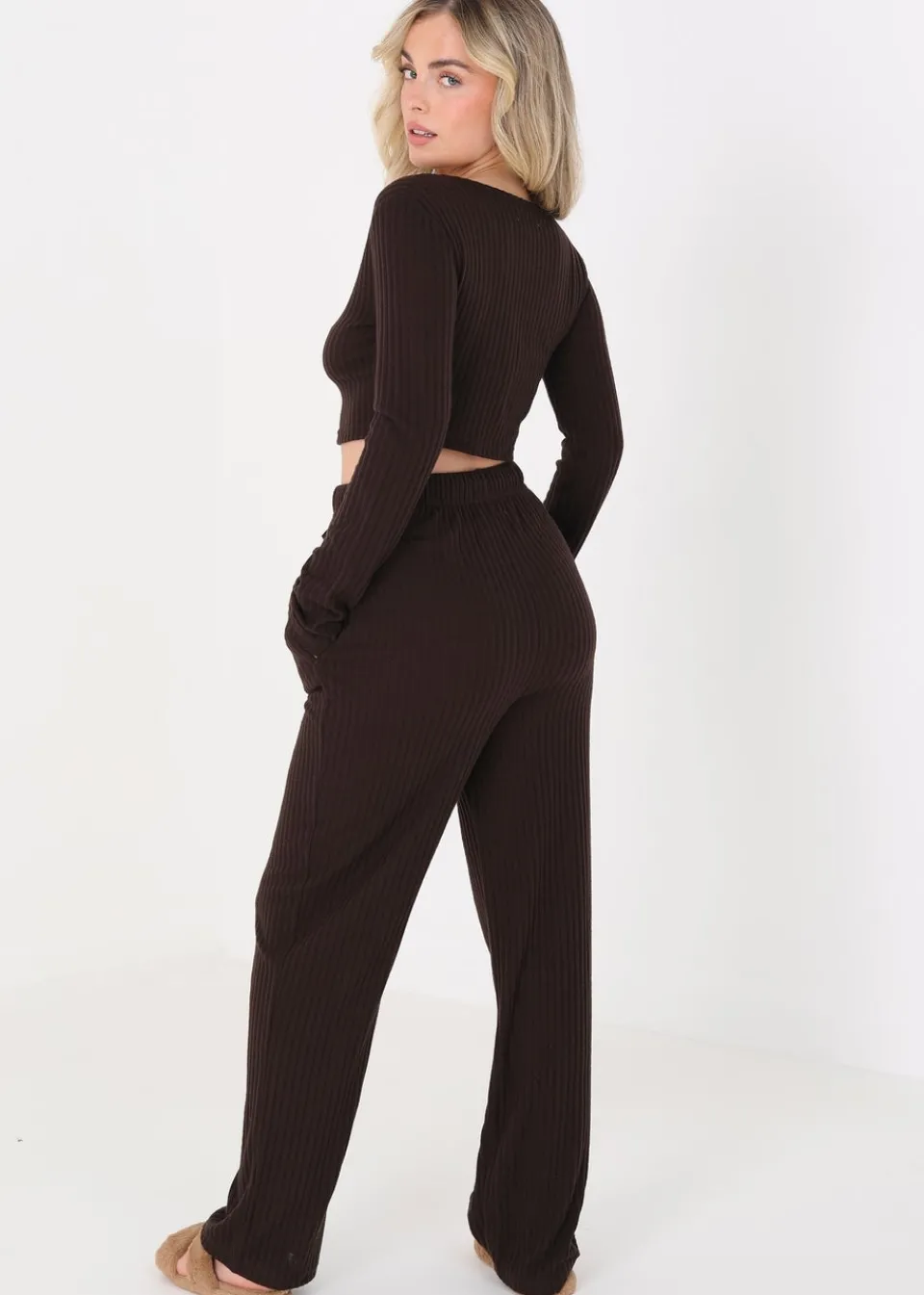 Co-Ord Sets>Brave Soul Cropped Long Sleeve & Wide Leg Lounge Set Chocolate