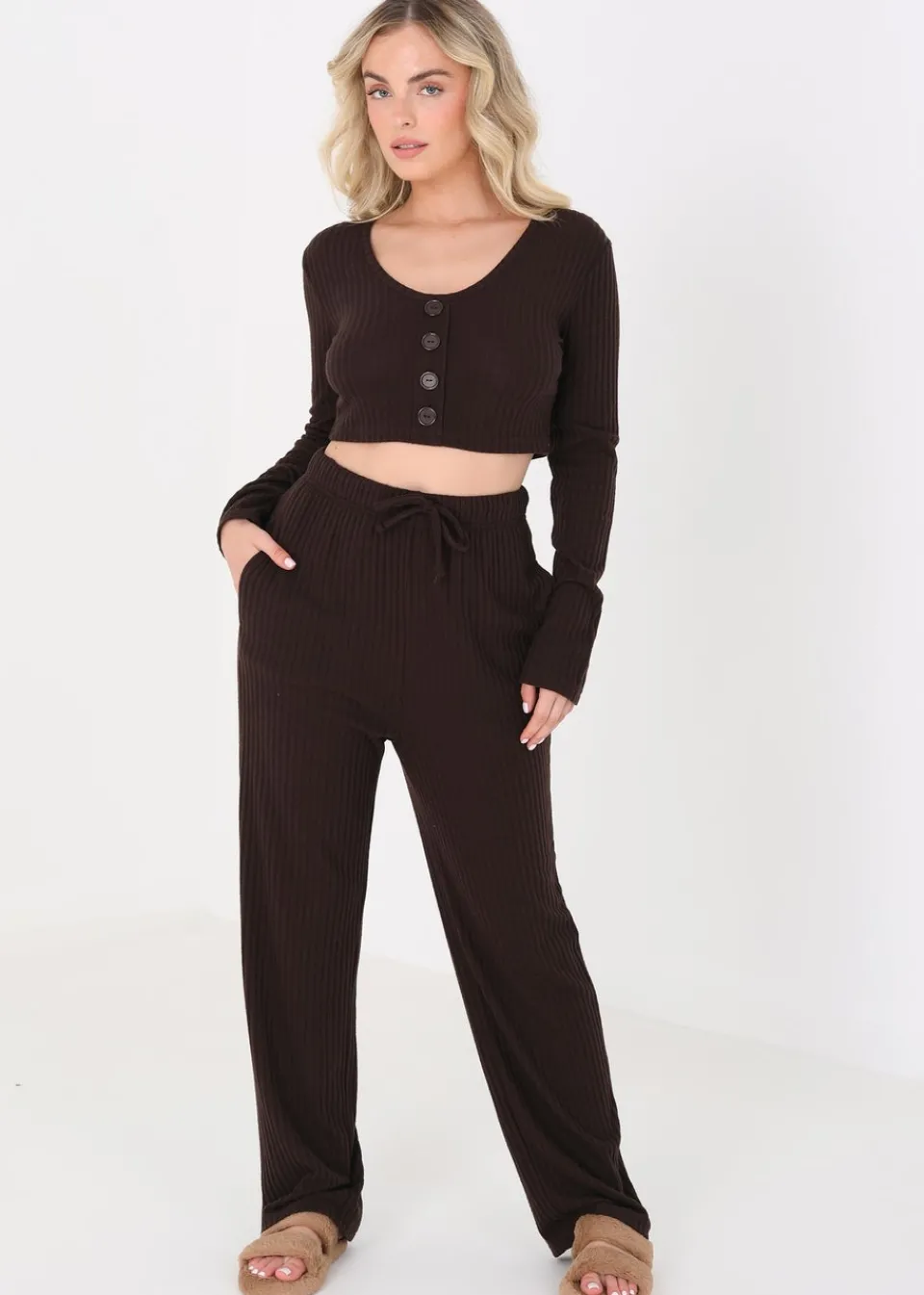 Co-Ord Sets>Brave Soul Cropped Long Sleeve & Wide Leg Lounge Set Chocolate