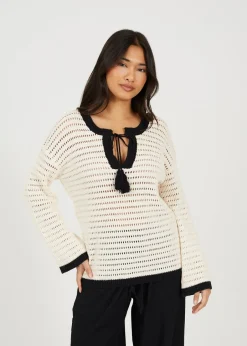 Tops>Brave Soul Cream Loose Knit V Neck Jumper