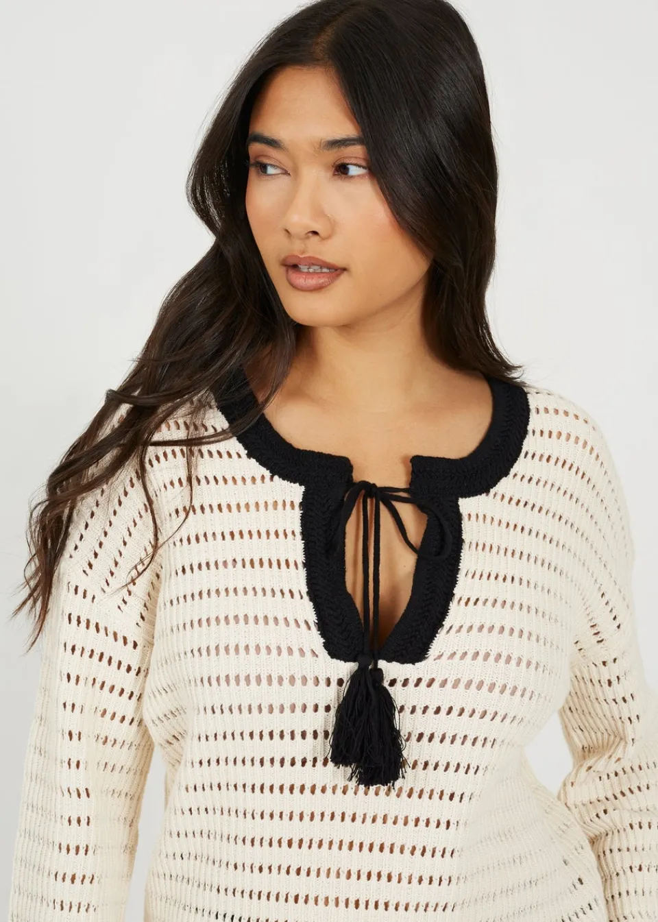 Tops>Brave Soul Cream Loose Knit V Neck Jumper