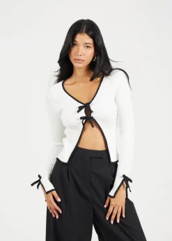 Knitwear>Brave Soul Cream Ribbed Knitted Cardigan with Bow Fastening
