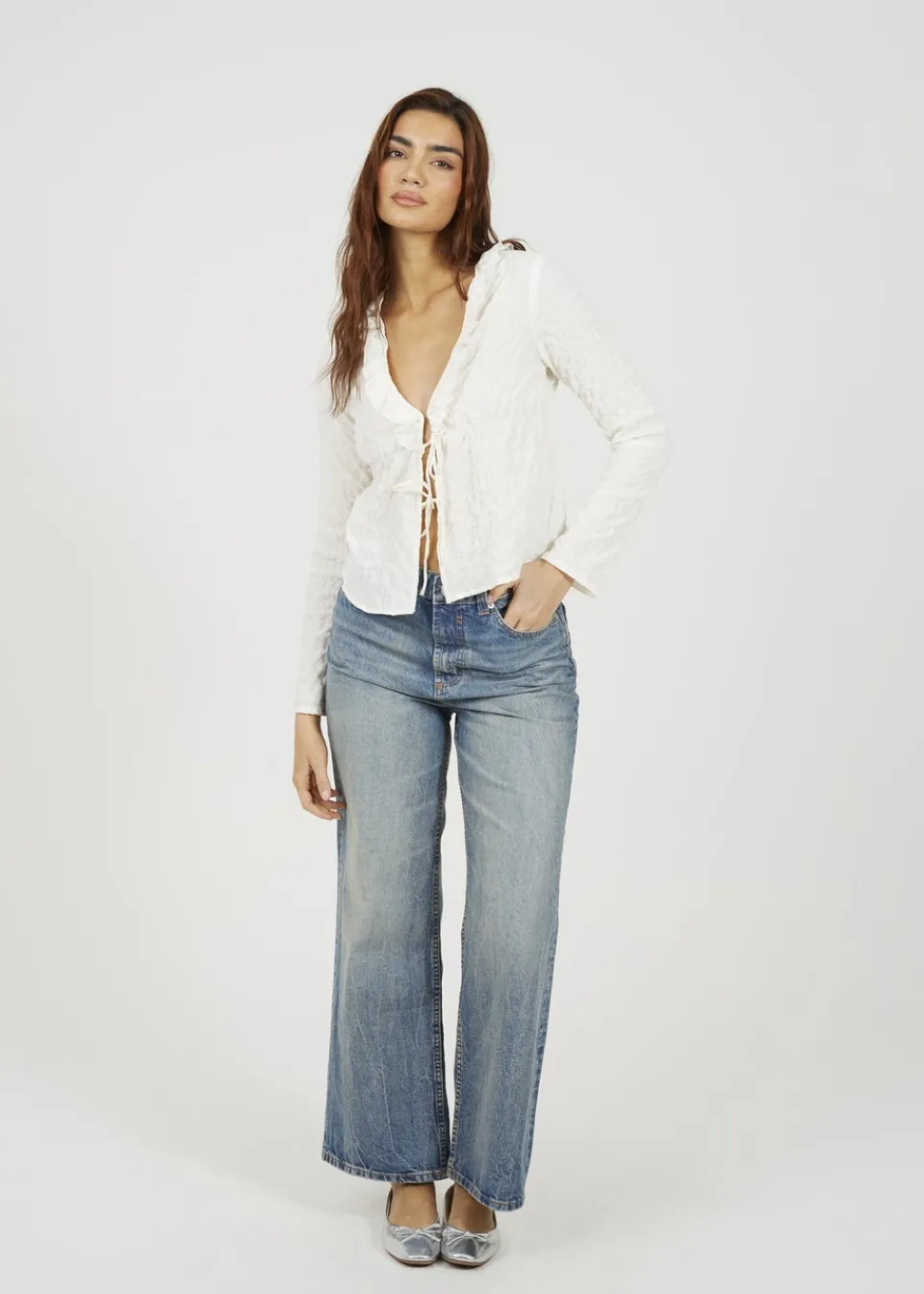 Tops>Brave Soul Cream Seersucker Frill Collar Tie Front Blouse