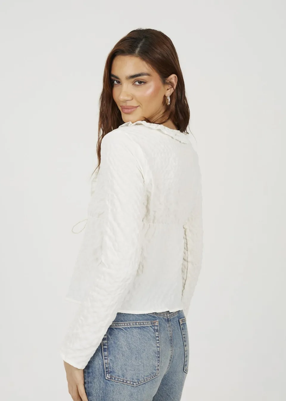 Tops>Brave Soul Cream Seersucker Frill Collar Tie Front Blouse