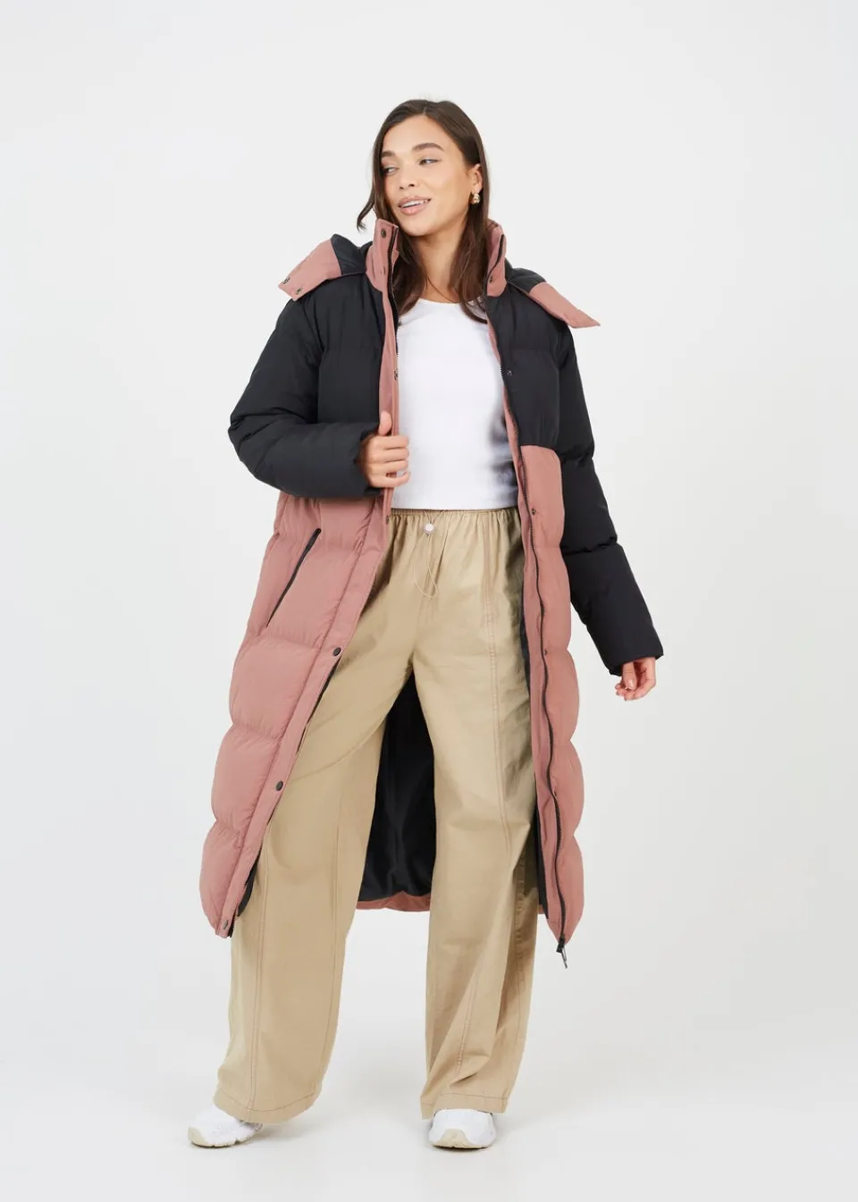 Coats & Jackets>Brave Soul Dusty Pink Maxi Contrast Hooded Puffer Jacket