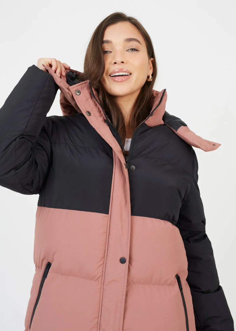 Coats & Jackets>Brave Soul Dusty Pink Maxi Contrast Hooded Puffer Jacket