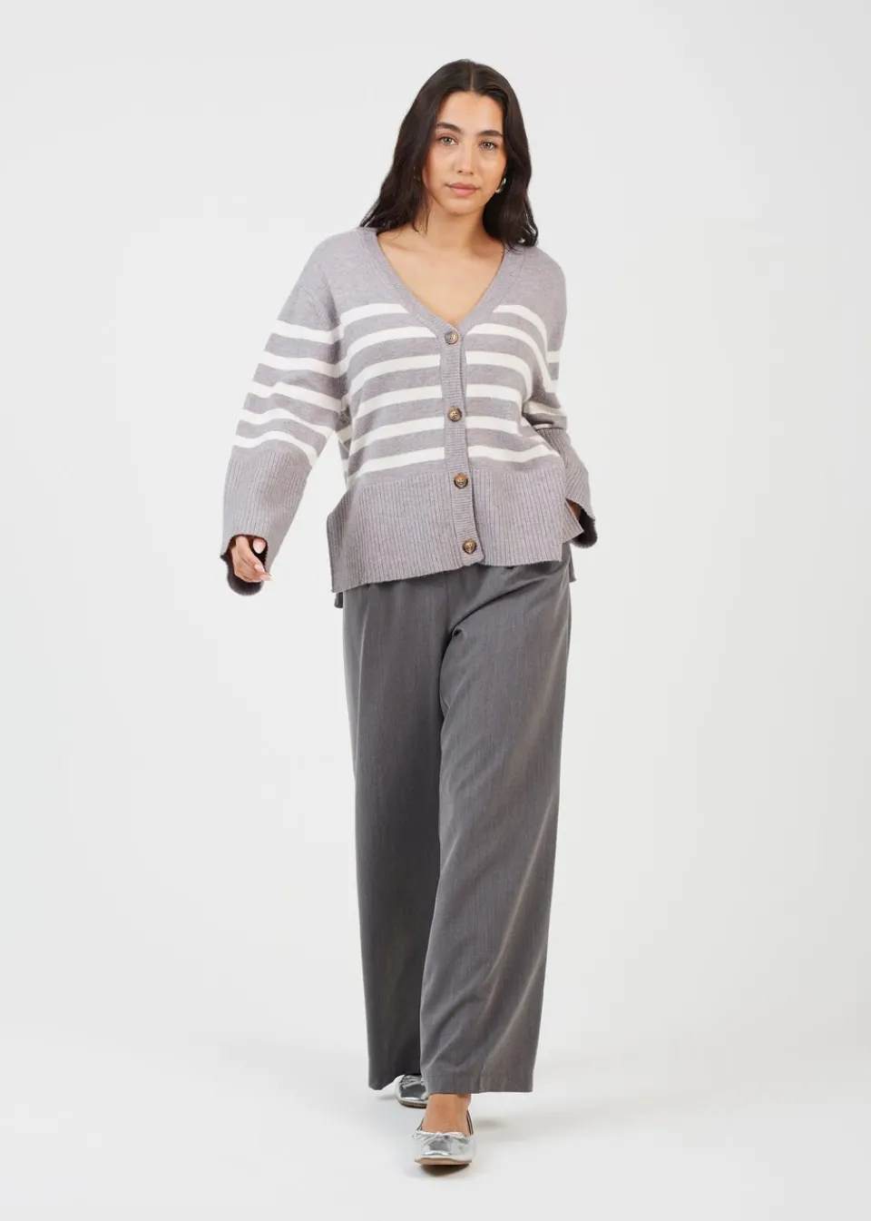 Tops>Brave Soul Grey Button Through V-neck Stripe Cardigan