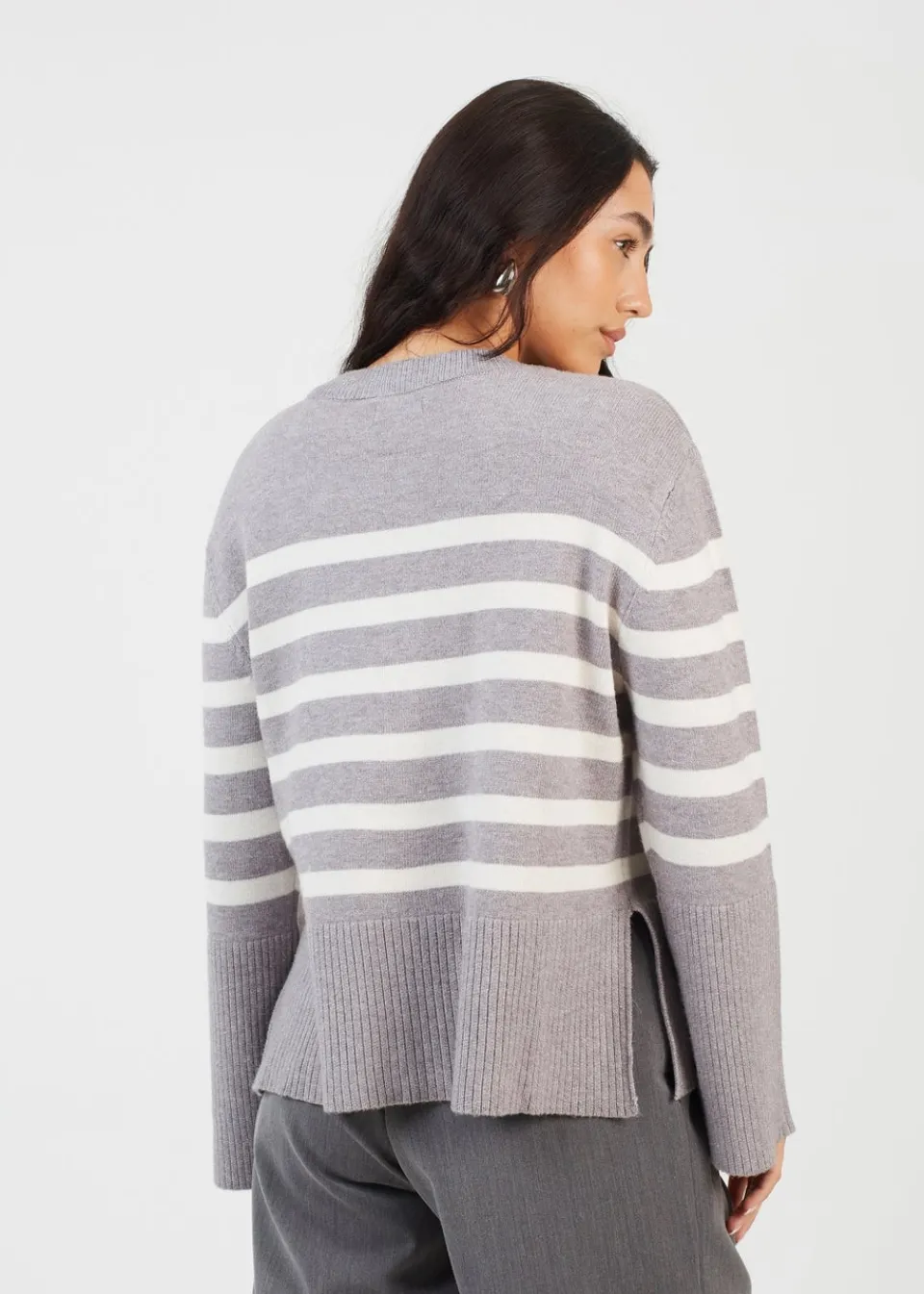 Tops>Brave Soul Grey Button Through V-neck Stripe Cardigan