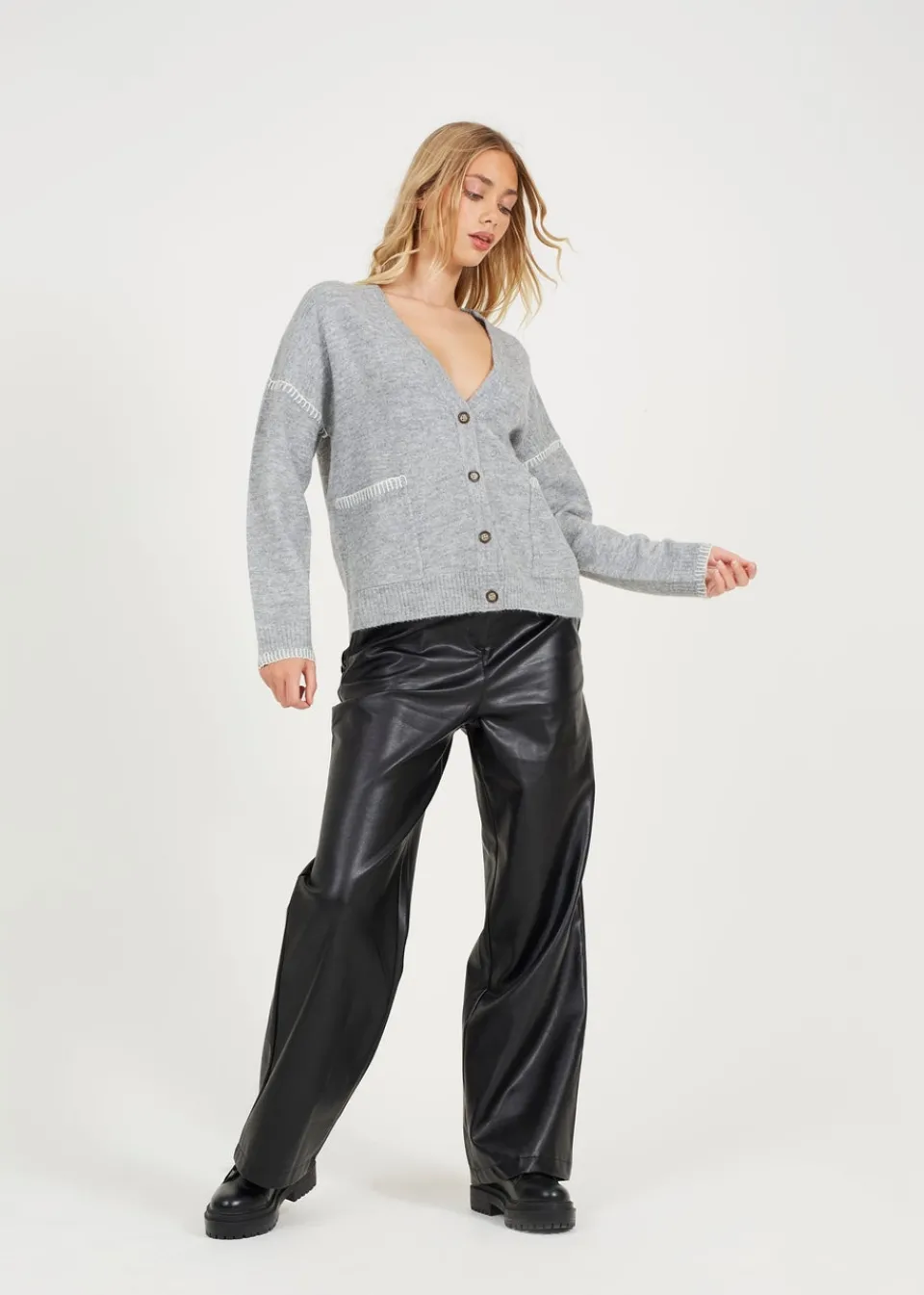 Tops>Brave Soul Grey Contrast Stitch Button Through V-neck Cardigan